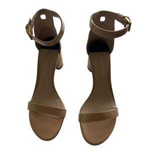 Stuart Weitzman Nudistcurve Sandals Sz 9 Tan Block Heels Patent Leather